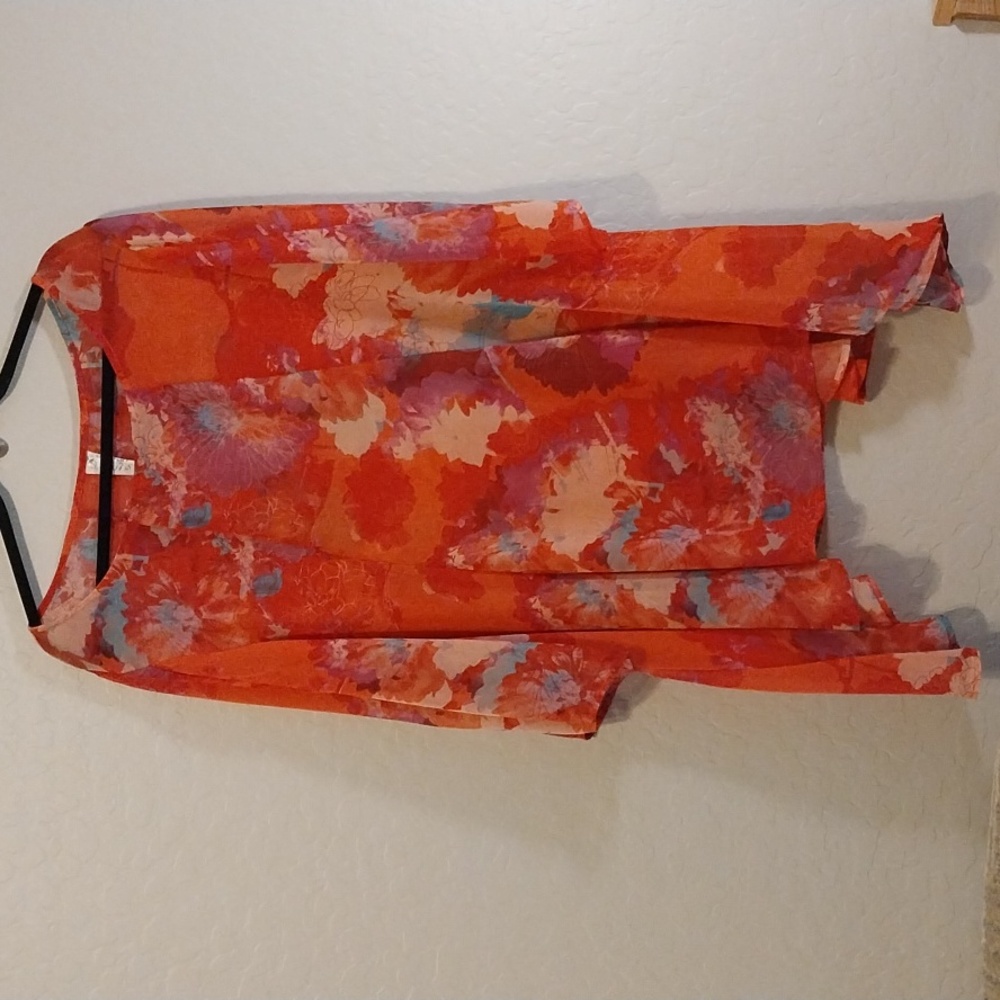 🤑🤑Sheer Orange/Red/Pink Floral Tunic Top size 2XL by Come & See